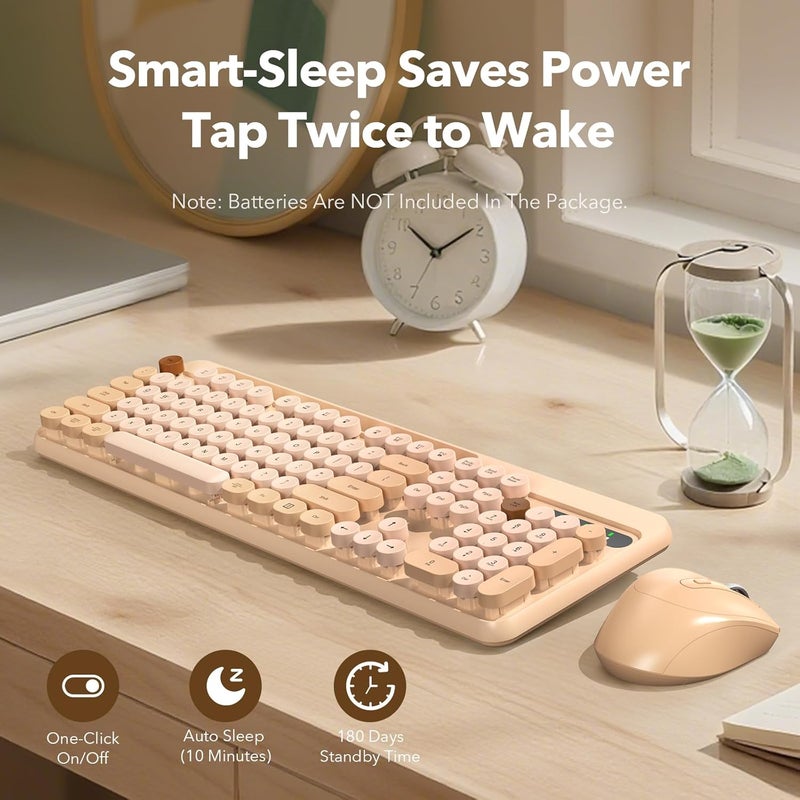 Trueque Wireless Keyboard and Mouse Combo, Retro Round Keycaps, Cute Full-Size Typewriter Keyboard with Phone Holder, Sleep Mode, 2.4GHz Cordless Connection for Windows/PC/Laptop (Milk-Tea Colorful) - Image 5